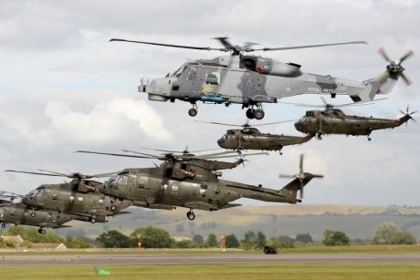 Royal Navy helicopters in an aerial display
